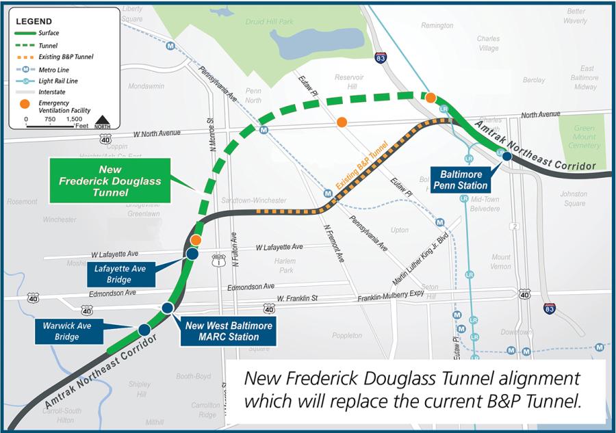 The B&P Tunnel Replacement Program will modernize and transform a 4-mi. section of the Northeast Corridor. It includes two new high-capacity tubes for electrified passenger trains, new roadway and railroad bridges, new rail systems and track, and a new ADA-accessible West Baltimore MARC station. (Map courtesy of Amtrak)