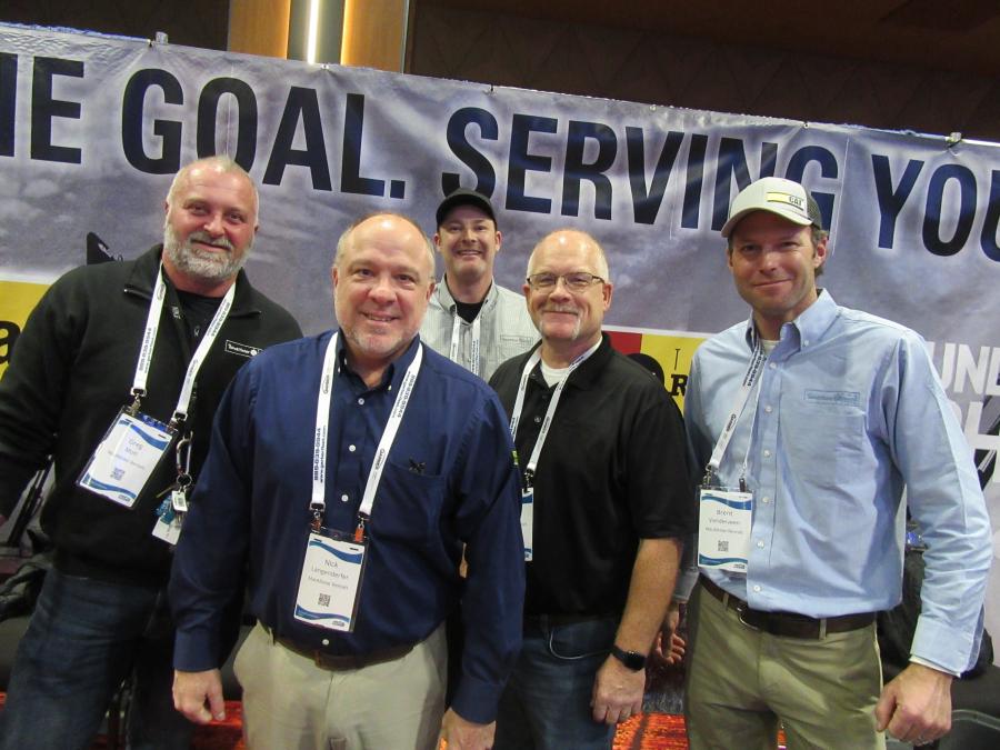 (L-R): Co-located with Michigan CAT, MacAllister Rentals’ Greg Mott, Nick Langenderfer, Andy Coston, Jarot Karcher and Brent Vanderveen spoke with attendees about the companies’ line of Caterpillar machines for sale and rent.
(CEG photo)