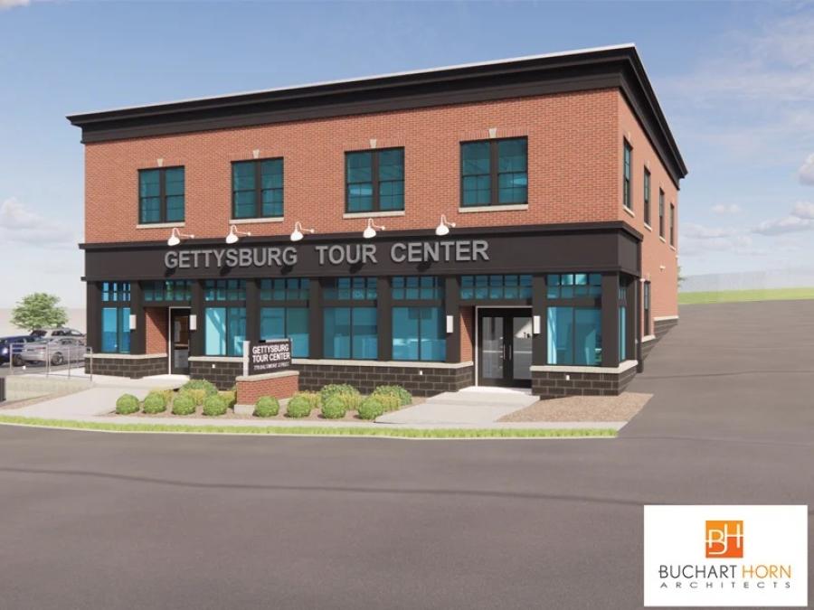 The current tour center is a manufactured cabin structure that lacks a foundation and modern amenities. The new building will be larger and have greater use of space, energy efficiency, and handicapped visitor accessibility. (Rendering courtesy of Gettysburg Connection)