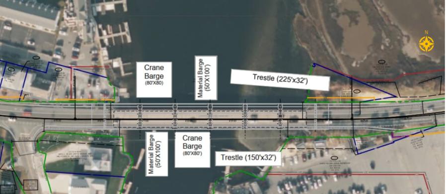 Work will be completed from barges and a causeway in the waterway. (Map courtesy of DelDOT)