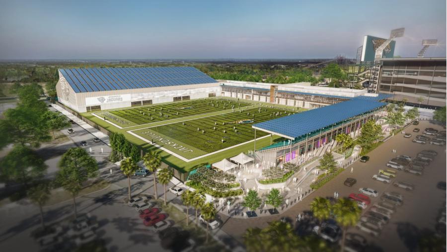 The facility will have two full-size grass practice fields and one indoor field, along with around 2,300 shaded bleacher seats, concession areas and a team store. (Rendering courtesy of Jacksonville Jaguars)
