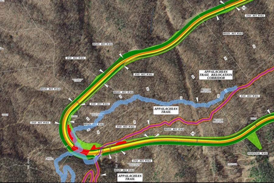 Site plans showing where disruptions may take place along the Appalachian Trail due to the Corridor K Highway Improvement Project. (Public document)