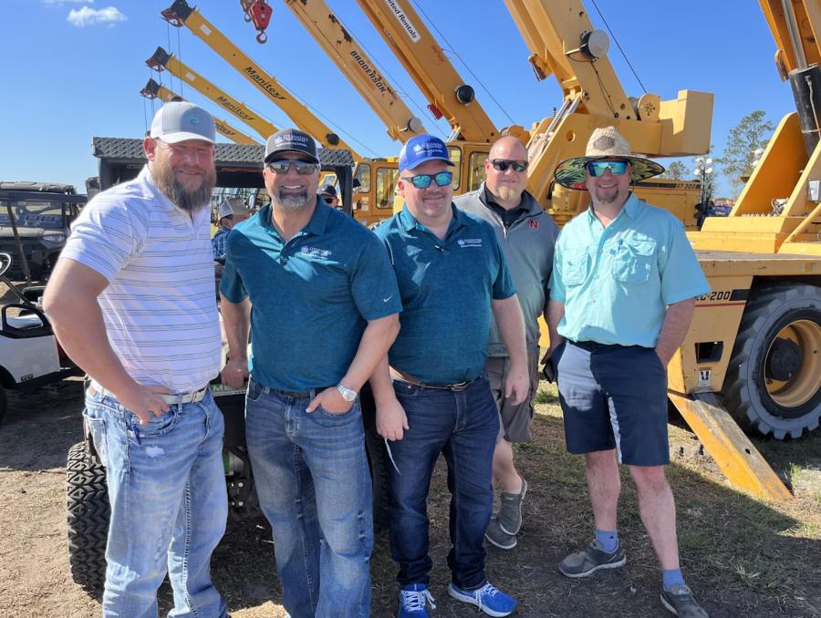 (L-R): Barry Tarp, Sales Inc., Lubbock, Texas; Guy Selinka and Sean Jordan of Streamline Financial, Atlanta, Ga.; Joe Rexin, Rexin Equipment, Los Angeles, Calif.; and Aaron Geurink, HES Equivalent, Holland, Mich., get together and share a few laughs before the auctioning begins.
(CEG photo)