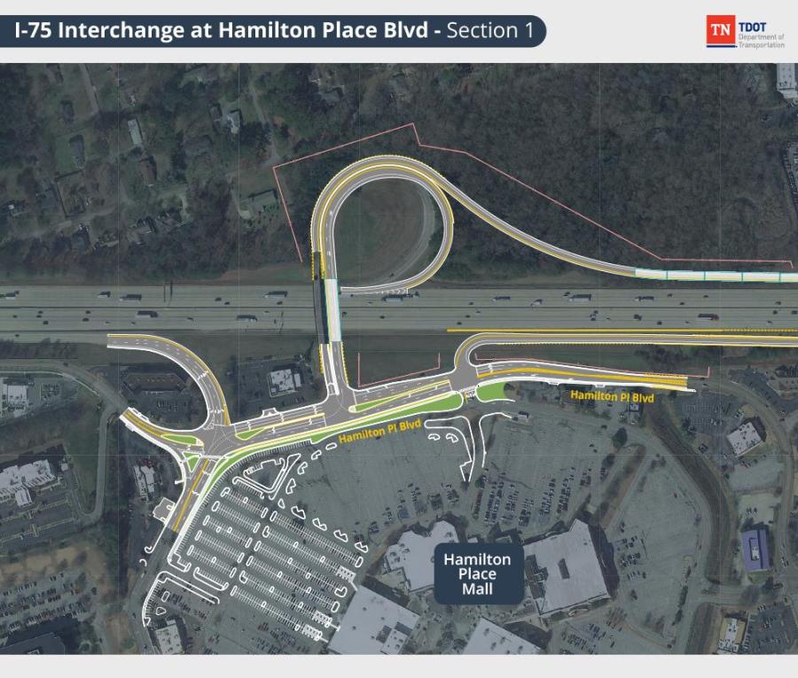 TDOT and city of Chattanooga are set to begin work together this summer providing new freeway access to and from Hamilton Place Mall, TDOT officials said. (Map courtesy of TDOT)
