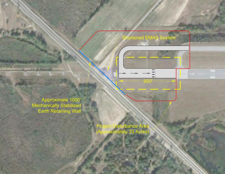 The first phase of the project will be the construction of a retaining wall near the approach end of Runway 5, which is in the southwest corner of the airport property near Sardis Church Road. The actual extension of the runway and the installation of an Engineered Materials Arresting System (EMAS) is set to occur during the second phase of construction.  (Map courtesy of Passero Associates)
