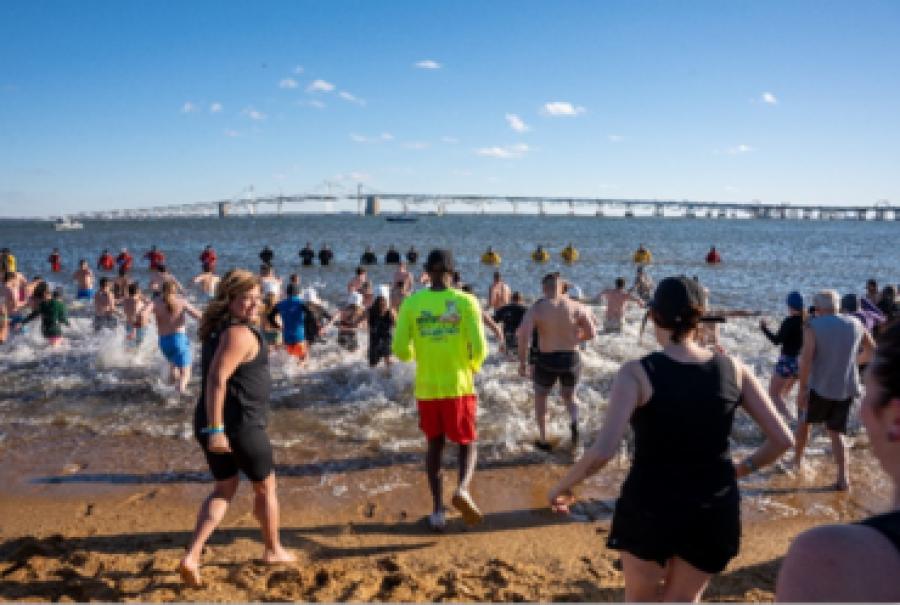 Stertil-Koni employees, family and friends jumped into the icy Chesapeake Bay at Sandy Point State Park in Maryland to raise funds for Special Olympics.