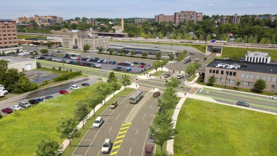 A reimagined Crouse Avenue at the new I-690 interchange at Crouse and Irving. (Rendering courtesy of New York State Department of Transportation)