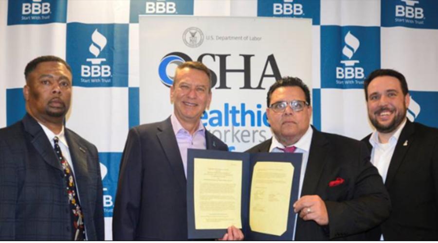 (L-R): OSHA’s Fort Worth Area Director Timothy Minor; Better Business Bureau, North Central Texas President, CEO, Jay Newman; OSHA’s Dallas Area Office Director Basil Singh and Better Business Bureau North Central Texas COO David Beasley signed an alliance on Feb. 6, 2023, to promote understanding of workplace safety, health rights and responsibilities.
(Better Business Bureau photo)