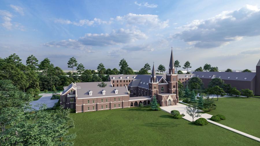 The first, “Made Free,” tied to promoting personal freedom and virtue, earmarks $15 million for new career, vocation and family programs, as well as the construction of a monastery to replace the brick structure the monks constructed by hand in 1888. (Rendering courtesy of Belmont Abbey College)