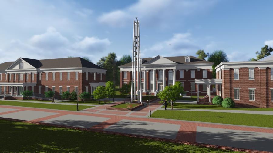 The math and science center is tucked between existing residence halls on the MMI campus. (Rendering courtesy of The Marion Military Institute)