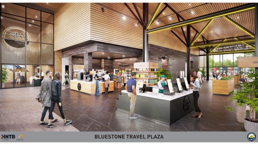 The newly redeveloped travel plazas will offer expanded food concepts, a 24/7 Mountain State Market convenience store, outdoor dining options, expanded parking for tractor-trailers and passenger vehicles, electric vehicle charging stations, separate passenger vehicle and tractor-trailer fueling options, picnic spots and pet relief areas. (Rendering courtesy of the West Virginia Department of Transportation)