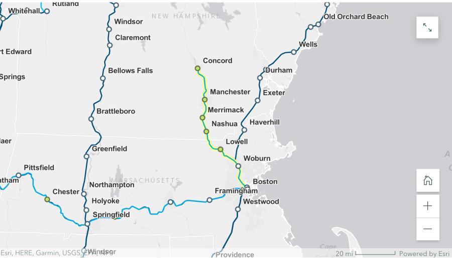 Station locations and routing are illustrative. Light blue lines denote proposed new corridors, dark blue lines denote existing Amtrak service, with the route discussed on this page highlighted in yellow. (Map courtesy of Amtrak)