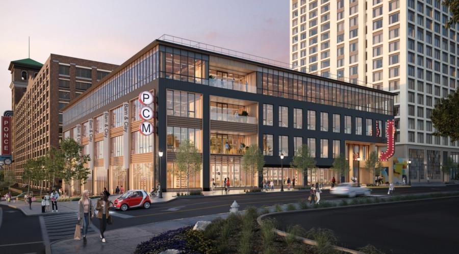 Located next to the famous Ponce City Market in Atlanta’s Old Fourth Ward neighborhood, 619 Ponce is a new four-story project with three levels of office space as well as ground floor retail. (Rendering courtesy of Handel Architects LLP)