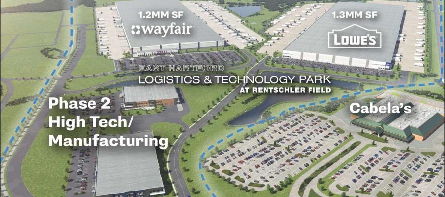 An illustration of the planned logistics and technology park at Rentschler Field in East Hartford. (Rendering courtesy of National Development)