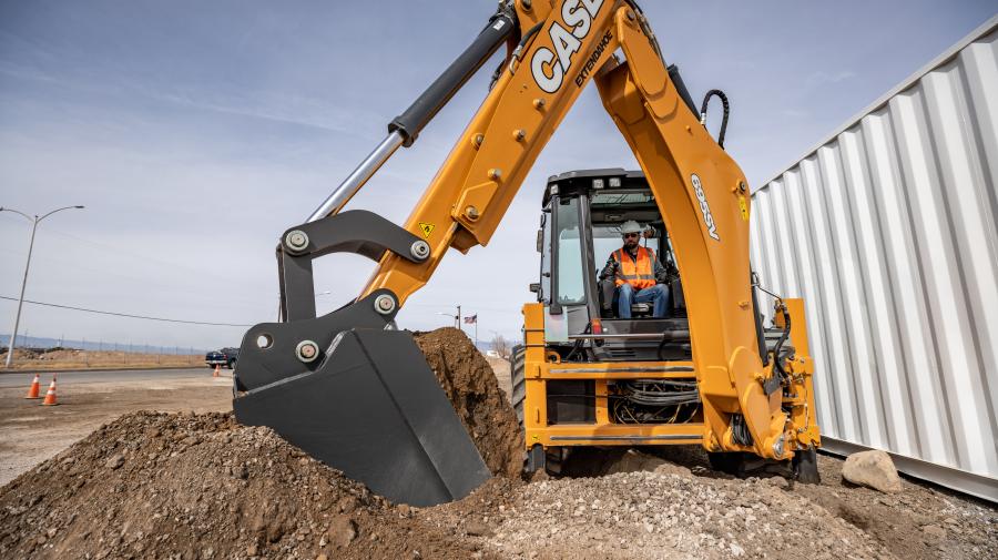The 695SV Construction King is a larger, more powerful backhoe loader with four-wheel steer and equally sized tires.