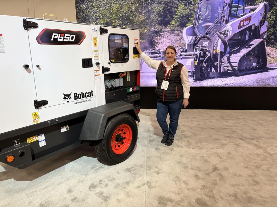 Erin Brown of Doosan Bobcat North America with a PG50 portable generator. 