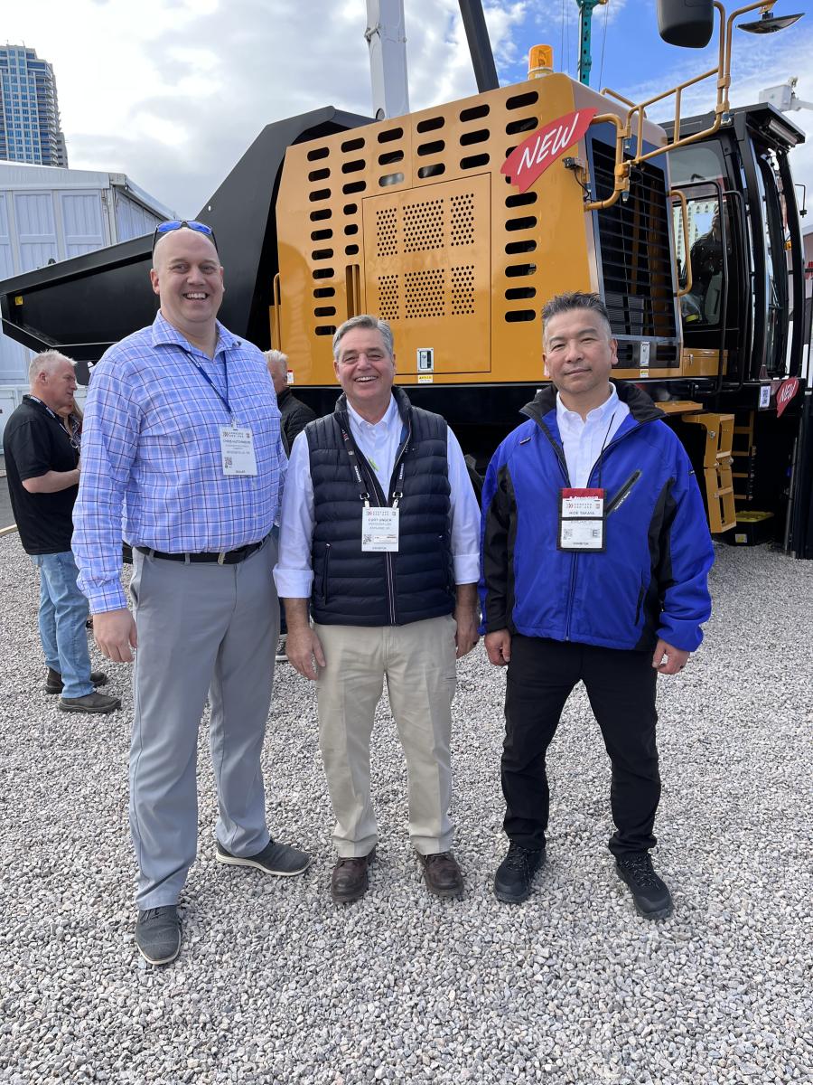 (L-R) are Chris Hutchinson of Anderson Equipment Company, Bridgeville, Pa.; Curt Unger, Morooka USA; and Hide Takaya of Morooka. 