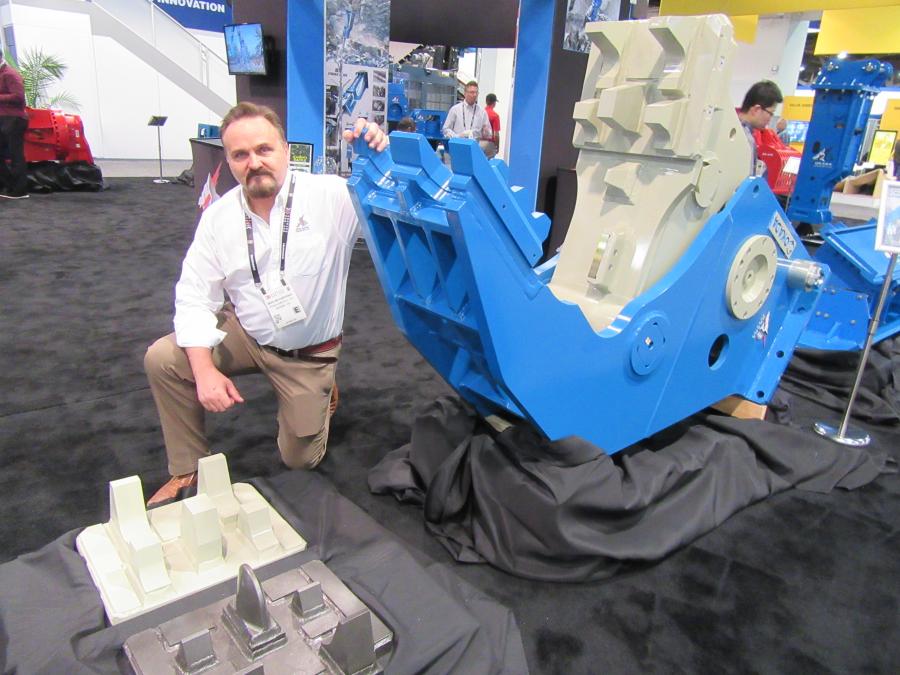 Mike McFarthing of Okada America explains the rotating demolition pulverizer’s bolt-on replaceable tooth pad lends itself to efficient maintenance service. 