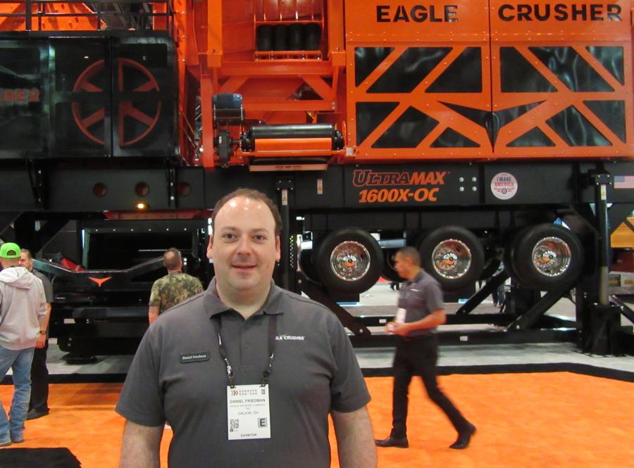Daniel Friedman of Eagle Crusher was ready to discuss the company’s new UltraMax 1600X-OC portable impactor plant and new 8x20 screen plant with integrated feed conveyor and blending gates. 