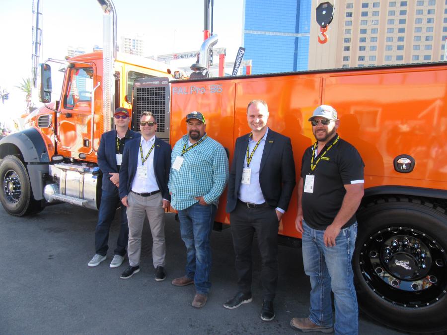 (L-R): Palfinger North America’s Brian Heffron and Tomas Castagna joined Juan Ibarra of Discovery Channel’s hit TV Series Gold Rush fame along with Palfinger NA’s Ismael Daneluz and Gold Rush personality, Travis Stockman to showcase Palfinger Pal Pro 86 mechanics truck at the show. 