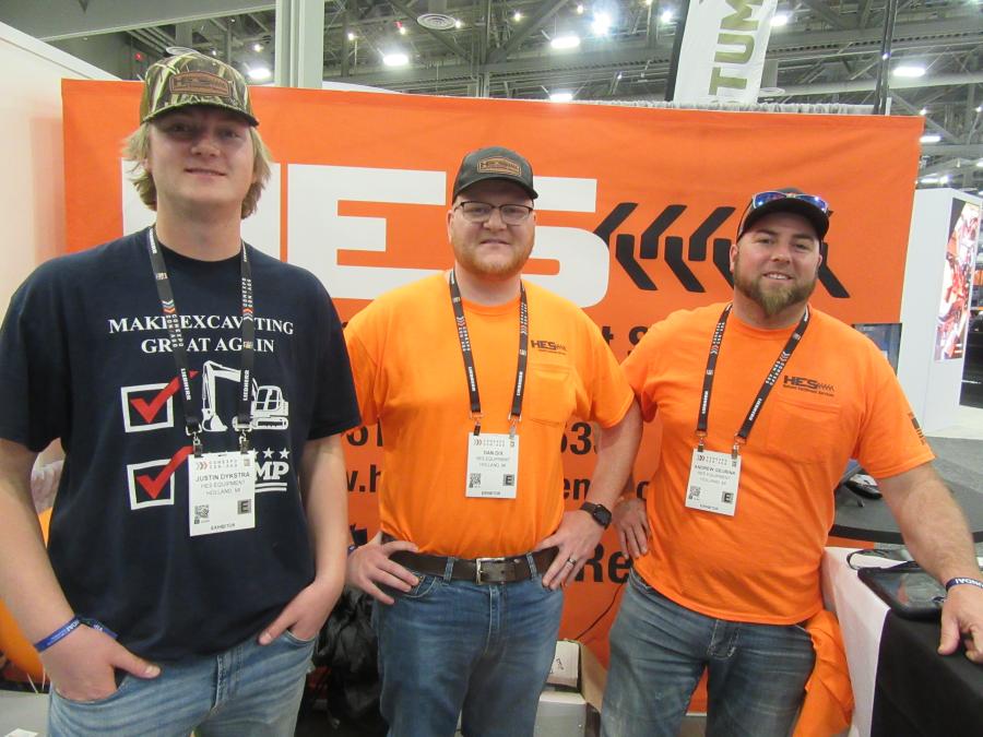 (L-R) are Justin Dykstra, Dan Dix and Andrew Guerink, all of HES Equipment, Holland, Mich., discussed the company’s extensive selection of attachments and equipment at ConExpo. 