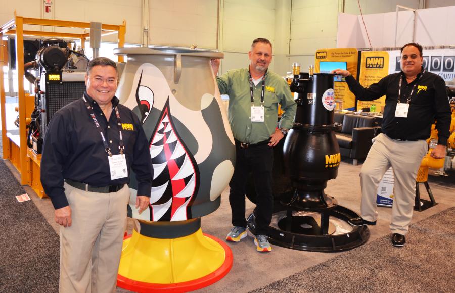 (L-R): Dario Puche, Mike Sims and Paul Laya of MWI Pumps rolled out exciting new products including a new HNC 14-in. pump — a reduced size of a larger version and many other new products. 