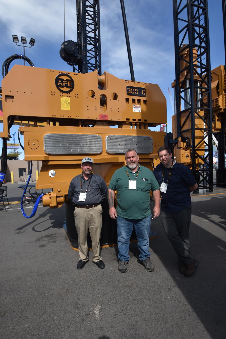 American Piledriving Equipment Inc. (APE) produces the world’s largest pile drivers and has offices in every corner of the United States, Asia and has distribution worldwide.  Part of the sales team pictured here in their impressive display (L-R) are Jimmy Deemer, Bill Ziadie and Daniel Corp. 