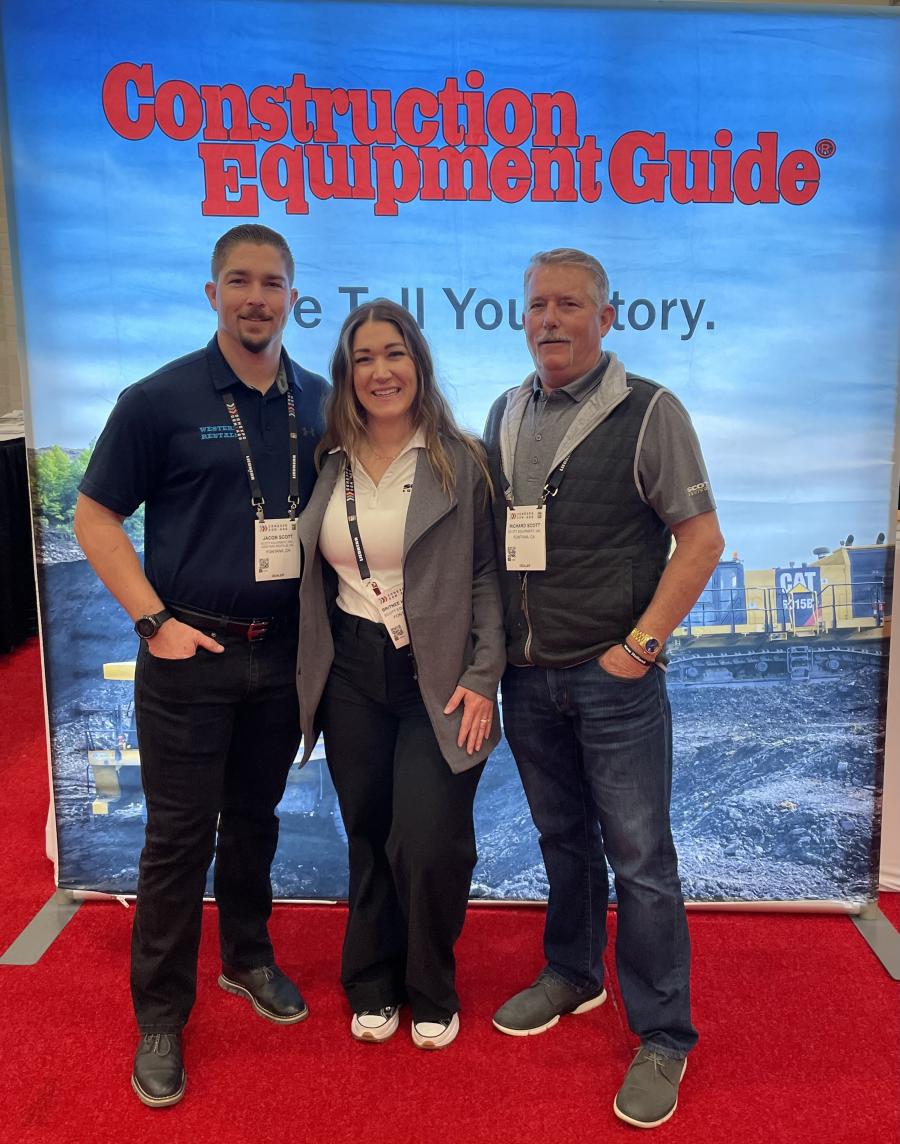 The Scott Family of Scott Equipment Inc. and Western Rentals, located in Fontana, Calif., stopped by the Construction Equipment Guide booth. (L-R) are Jacob Scott, sales representative of Western Rentals; Britnee Scott Heckman, marketing director of Scott Equipment; and Richard Scott Jr. president of Scott Equipment. 