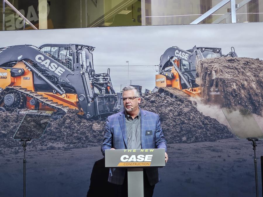 Terry Dolan, vice president of Case Construction Equipment North America, addresses the media about all new and up-to-date machines that Case has to offer. 
