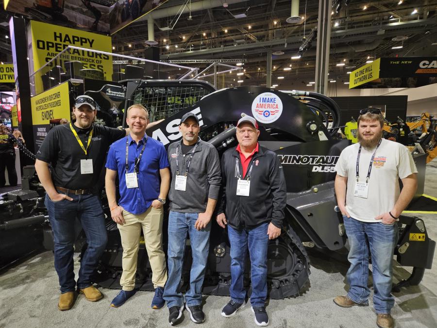 (L-R): A.J. Kalupa, sales representative of Titan Machinery, Rogers, Minn., met at the Case CE booth with Ben Bardson, Nick Niehaus, Craig Bardson and Eric Tschida, all of Craig Bardson Excavating in Albany, Minn., to see the Case Minotaur DL550.  
