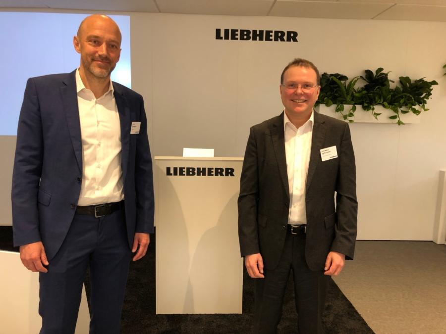 Kai Friedrich (L), managing director of Liebherr USA, and Steffen Gunther, Liebherr International, led the manufacturer’s press conference at ConExpo-Con/AGG. 