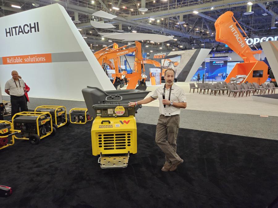 Luke Sevcik of Wacker Neuson gives the crowd the specifics of the company’s DT12 tracked dumper, which features a three-cylinder turbo diesel engine, is hydraulically activated and is good for a variety of job site applications.  