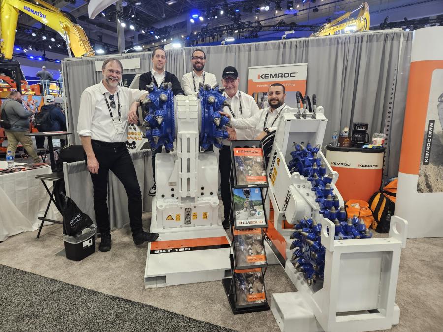 (L-R): Kemroc’s Klaus Ertmer, owner; Aycan Yaganoglu; Mina Tadros; Greg Sweigert; and Mina Bishay with the company’s EKT 150 drum cutter and EK 40 chain cutter, designed for excavators. 