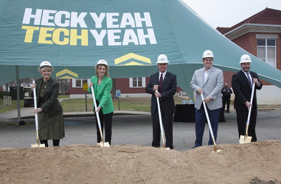 (L-R): Arkansas Tech University President Robin E. Bowen and ATU Board of Trustees members Stephanie Duffield of Russellville, Len Cotton of Dardanelle, Michael Lamoureux of Russellville and Bill Clary of Conway participated in a groundbreaking event for the ATU student union and recreation center on March 16. (Photo courtesy of Arkansas Tech University)