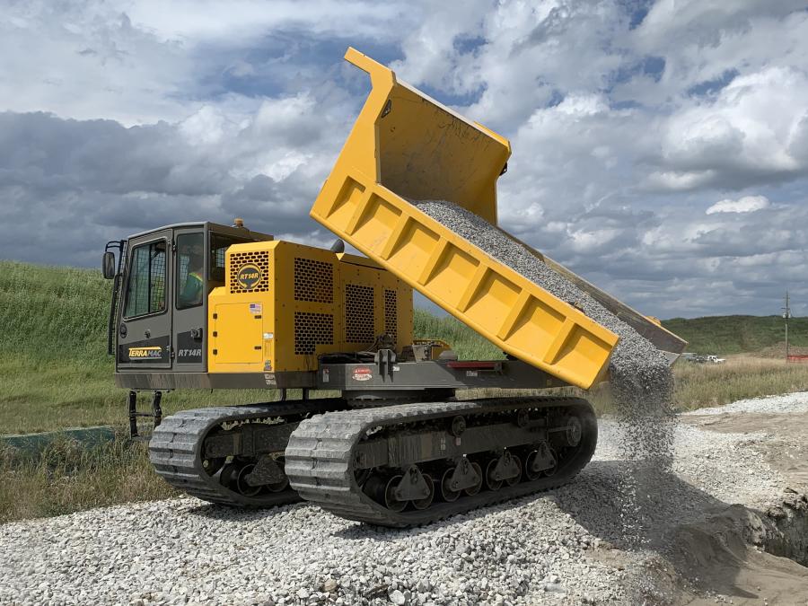 The RT14R, which has a 14-ton carrying capacity and ground pressure of 8.3-psi leaves a minimal footprint in sensitive terrains and can offload materials at any angle or on the go, according to the manufacturer.