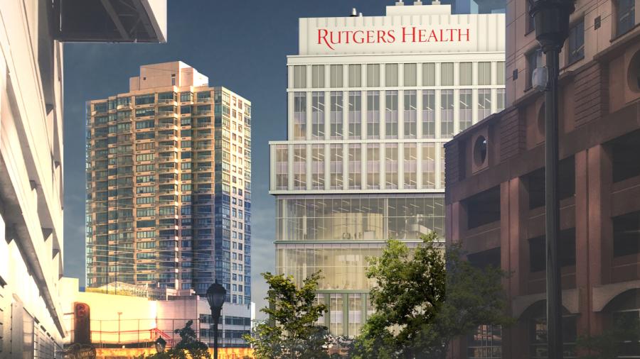 Construction will begin this spring on Rutgers Health at the HELIX, the first of three buildings in the New Jersey Health + Life Science Exchange in downtown New Brunswick. (Rendering courtesy of Rutgers)