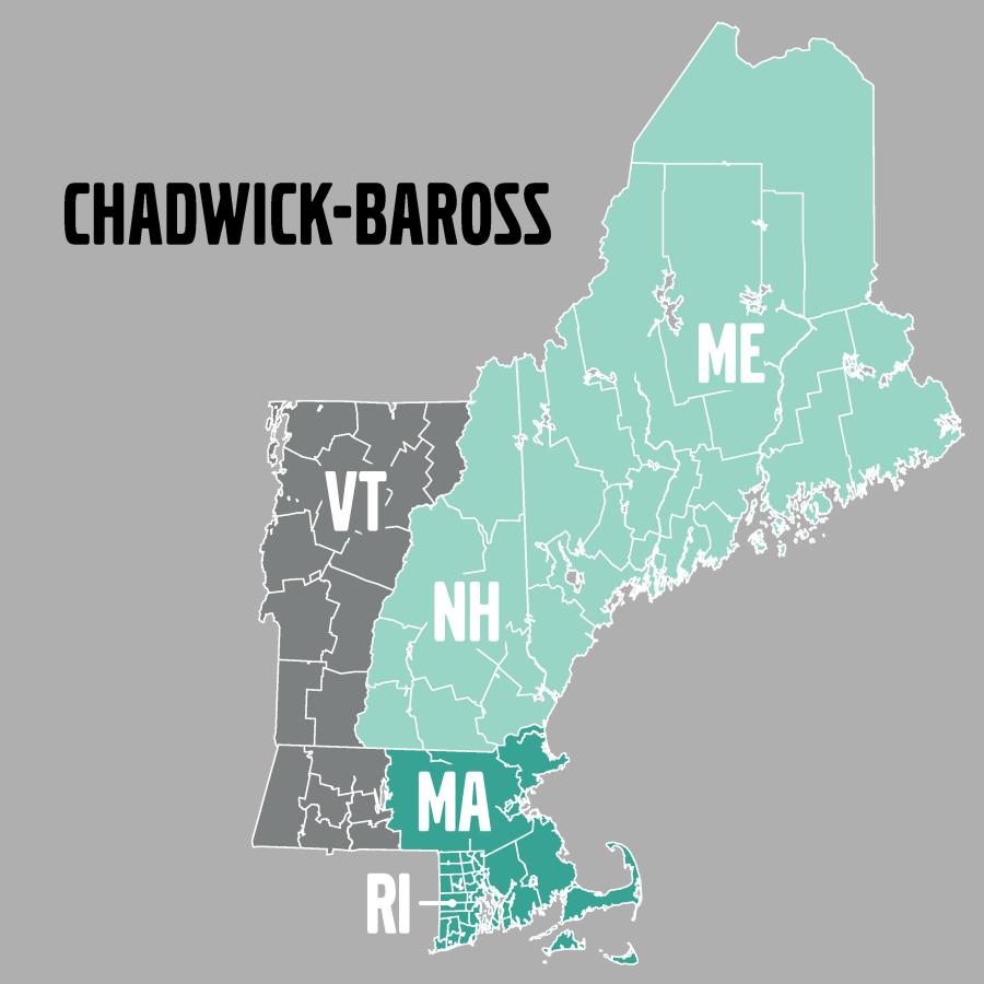 Chadwick-BaRoss is acquiring the Volvo and SDLG assets of Woodco Machinery. Chadwick’s existing territory (light green) now expands into eastern Massachusetts and Rhode Island (dark green).