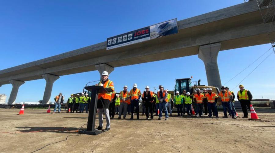 Chairman of the California 
High-Speed Rail Authority 
Board Tom Richards speaks 
at a press conference outlining how many jobs have been created.
(High Speed Rail photo)