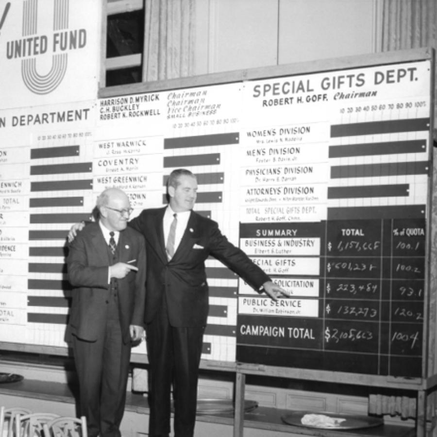 Bill Gilbane Sr. (R), captain/chair of the 1956 United Way campaign in Rhode Island. (Photo courtesy of Gilbane Building Company)