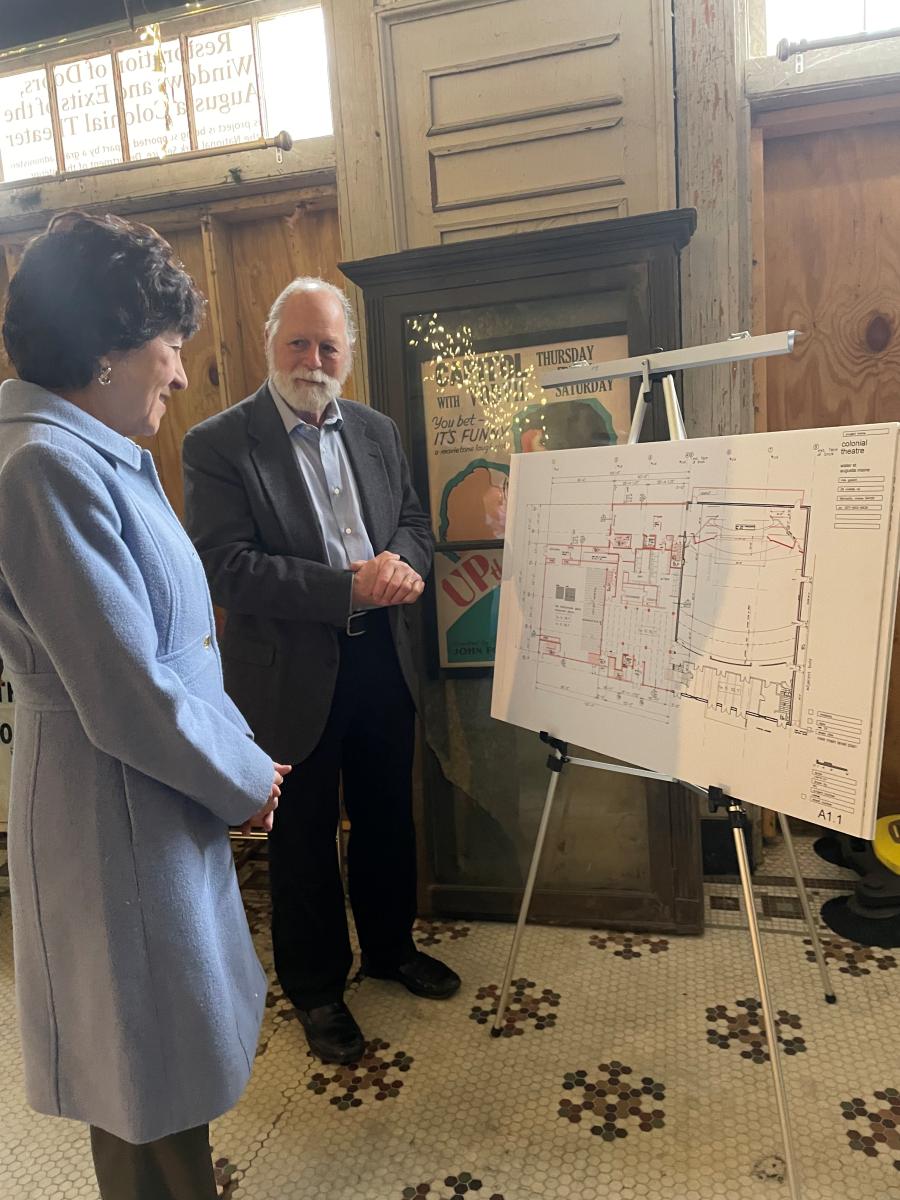 U.S. Senator Susan Collins visited the Augusta Colonial Theater to see the plans for renovations and expansions made possible by the $1.5 million grant she secured in December as part of the Fiscal Year 2023 Housing and Urban Development appropriations bill.  (Photo courtesy of Senator Susan Collins)