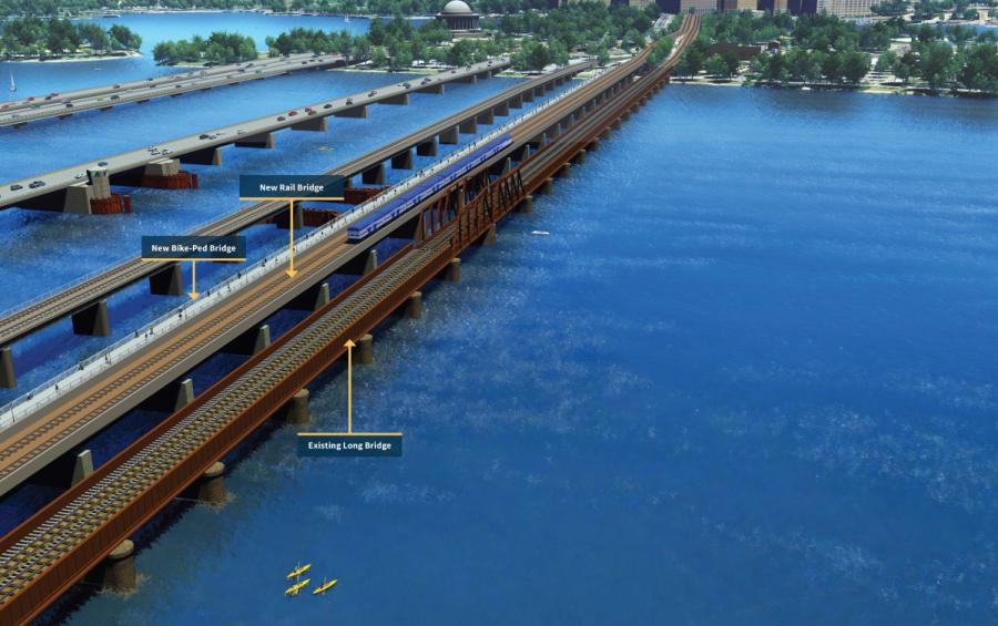 Construction of a new Long Bridge is projected to cost nearly $2.3 billion, up almost $240 million from a year ago, according to new budget projections by the Virginia Passenger Rail Authority. (Rendering courtesy of the Virginia Passenger Rail Authority)