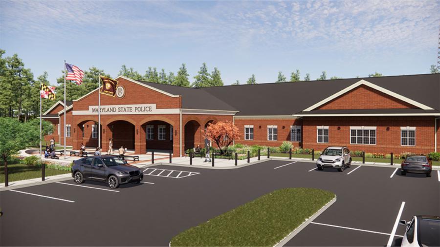 The new Maryland State Police Barrack project includes the phased demolition of the existing police barrack and the construction of the two new buildings on the same site located along Route 50 in Berlin, Md. (MW Studios rendering)
