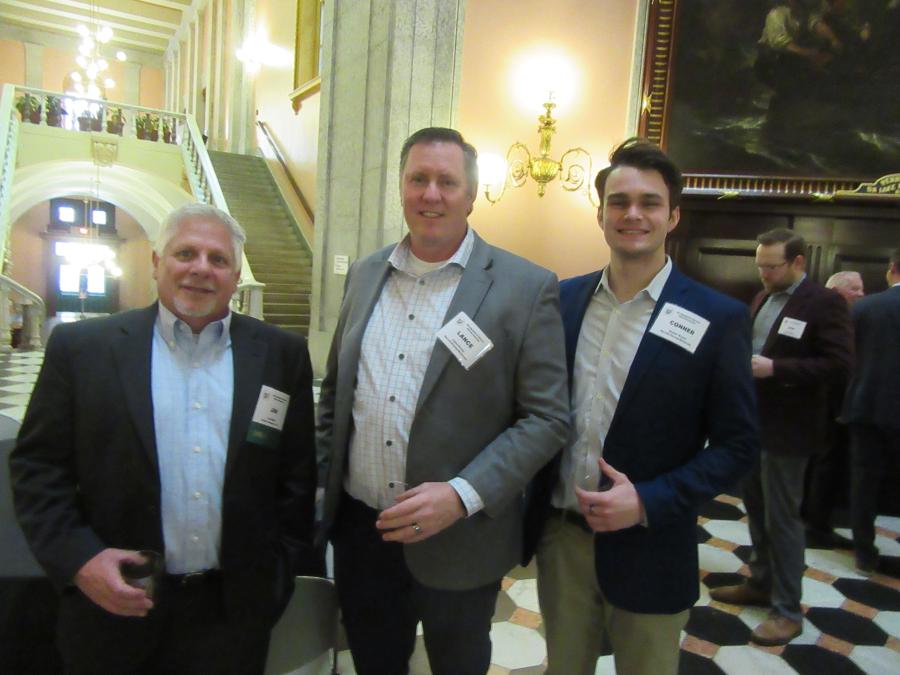 (L-R): The Gilson Company’s Jim Bibler met with Lance Brown and Conner Brown of Barrett Paving Materials. 
(CEG photo)