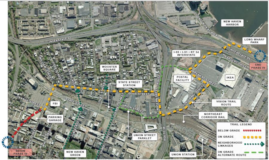 City officials and trail boosters broke ground on Phase IV’s construction in September 2021 after approximately a decade’s worth of planning and easement negotiations. (Map courtesy of the City of New Haven)