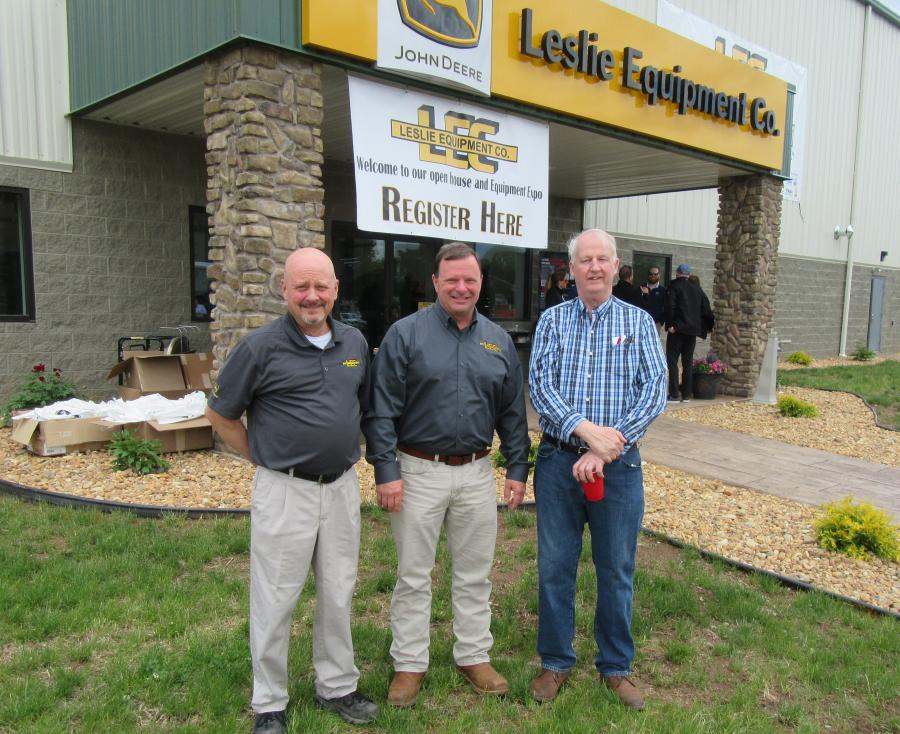 (L-R): Lee Wigal, Leslie Equipment’s Marietta branch manager; Todd Perrine, vice president of product support; and John Leslie, president, welcome customers to the open house. 
(CEG photo)