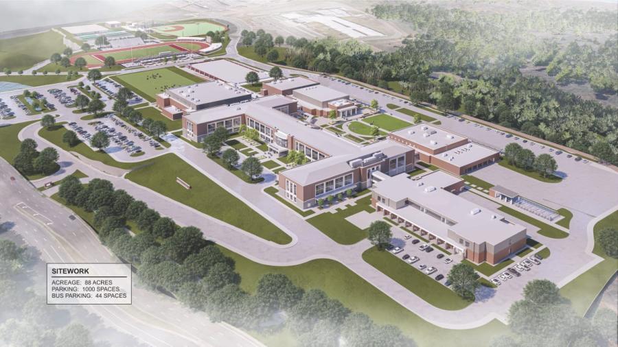 Rendering of the new replacement Cherokee High School scheduled to open in August 2026. (Cherokee County School District rendering)