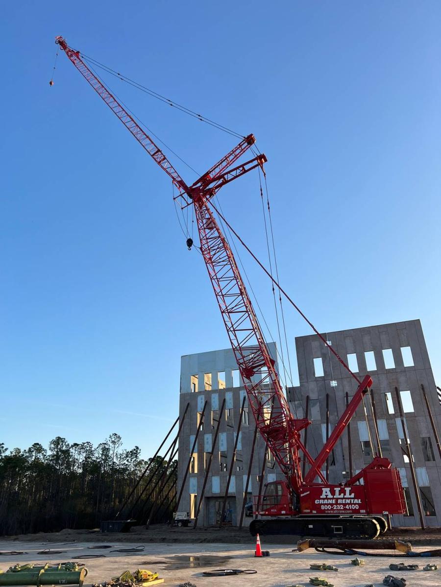 While a larger, 440-ton capacity crane set tilt wall panels for the main building, a 220-ton capacity Manitowoc did just about everything else. ALL’s Manitowoc 14000 was configured with 100 ft. of main boom and 150 ft. of luffing jib, allowing it to remain a nimble workhorse at the site.