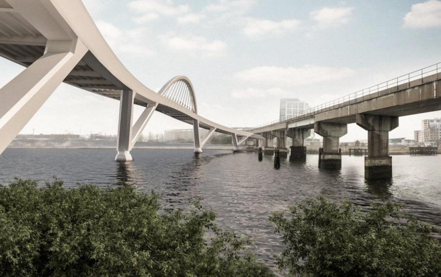 The bicycle and pedestrian span would provide a direct link between the Encore Casino and the Northern Strand Trail on the northern banks of the Mystic River in Everett to the Assembly Square neighborhood and its Orange Line station in Somerville, on the southern bank. (Mass.gov rendering)