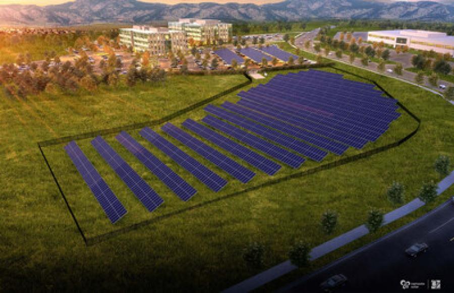 The 4.4-acre project includes ground-mounted solar arrays and raised structures with solar panels to form 170 carports for employees and visitors.
(Trimble photo)