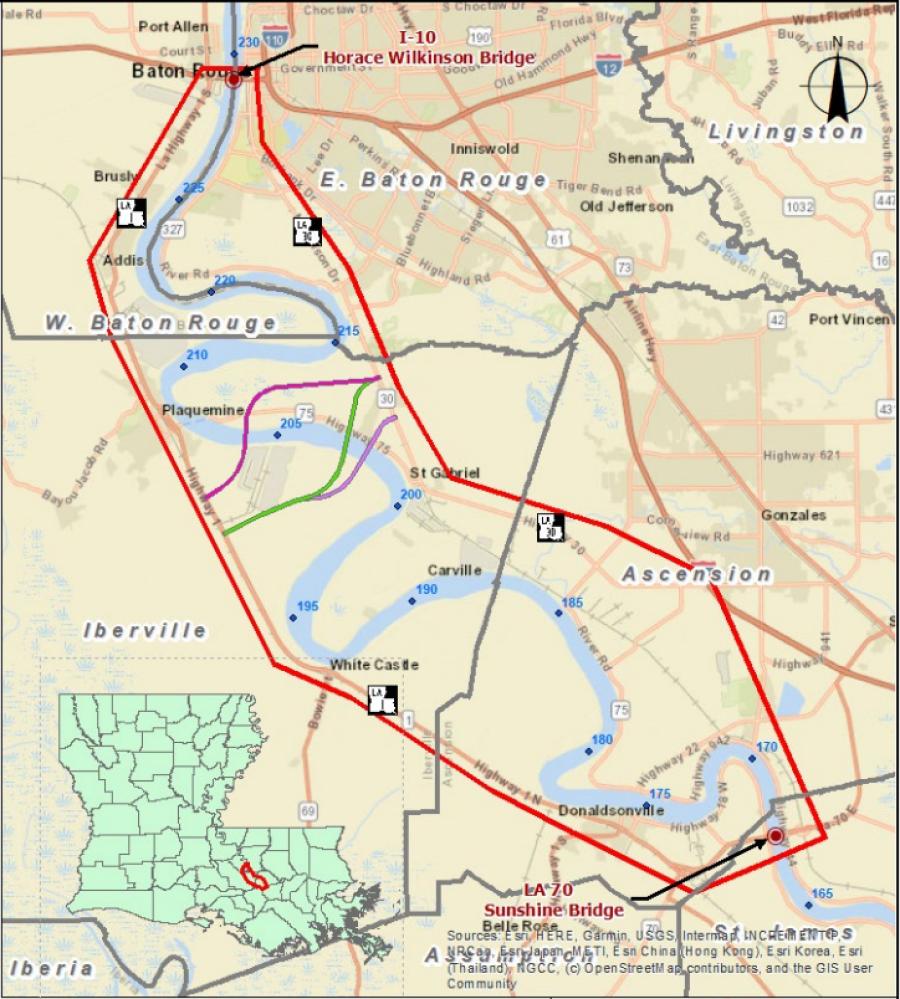 The project is currently in the middle of an environmental review of the three sites that are in the running for the bridge. Each of them is in Iberville Parish, just south of Plaquemine on the west side and St. Gabriel on the east. (Louisiana Department of Transportation and Development map)